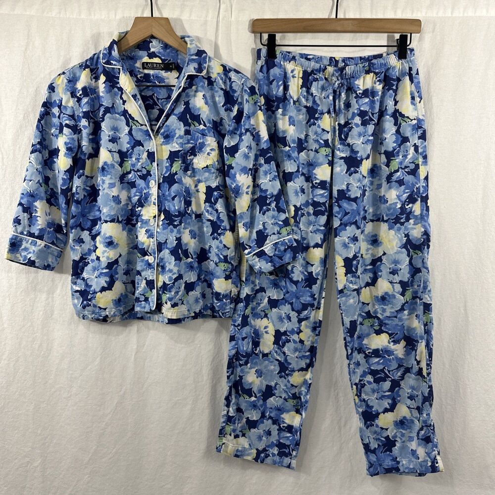Lauren Ralph Lauren Blue Floral Cotton 3/4 Sleeve Pajama Set Women’s Sz XS